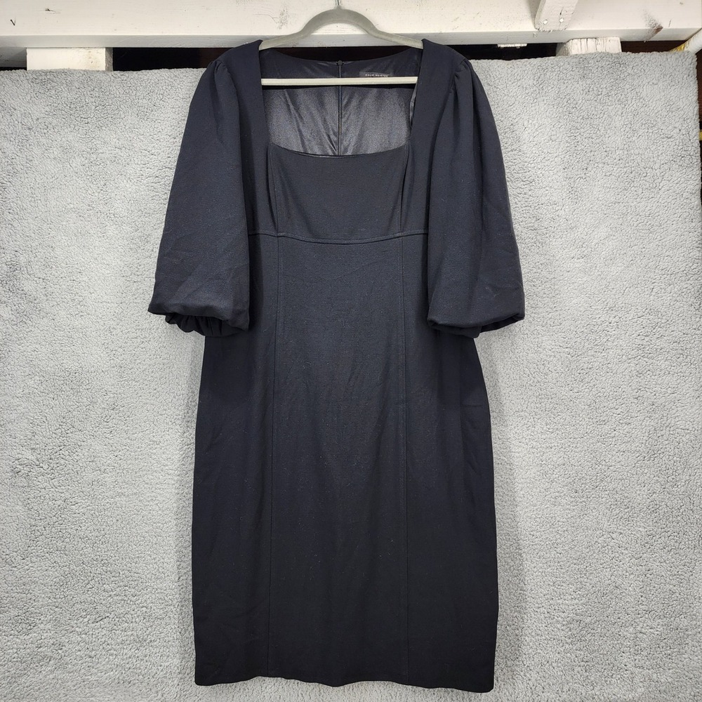 David Meister Black Square Neck Puff Sleeve Midi‎ Dress Size 14 Made in USA